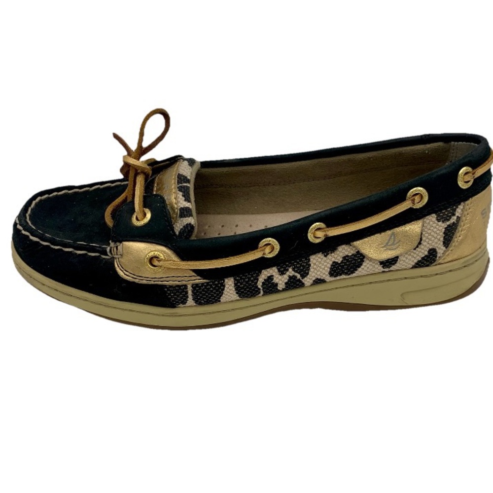 Sperry‎ Women"s Top Sider Suede Boat Shoe Size 7.5 Black Leopard Gold Preppy